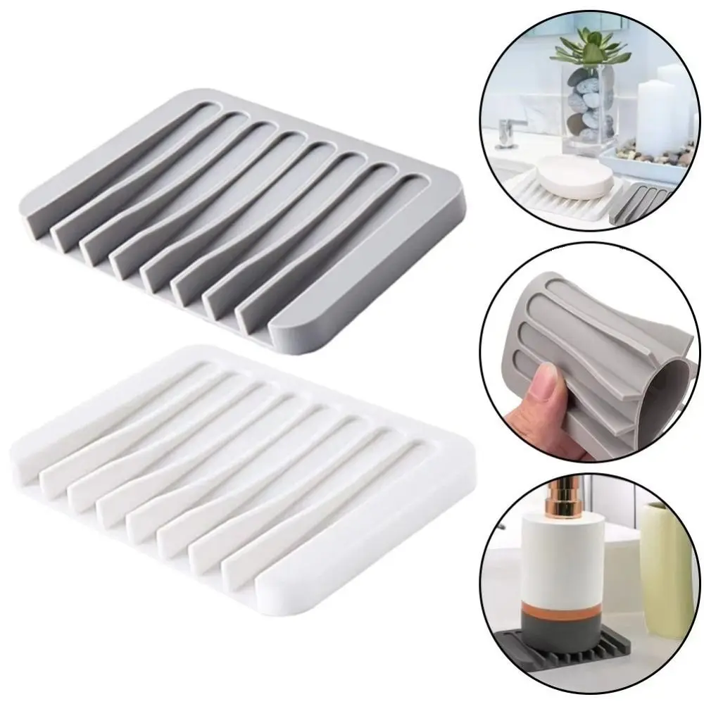 2Pcs Multifunctional Self Draining Soap Dish Holder Silicone Non-slip Soap Container Portable Solid Color Soap Plate Home Decor