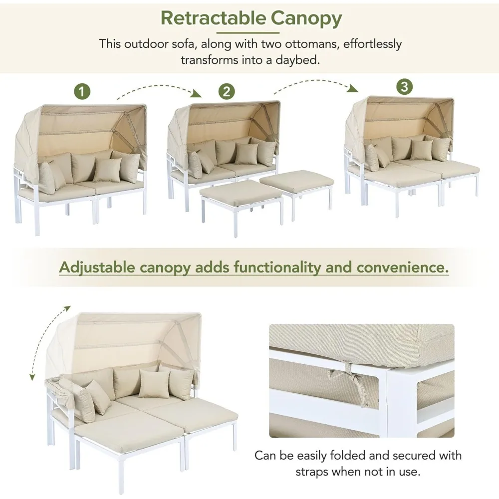Sectional Sofa Set with Retractable Canopy Outdoor Metal, Sun Lounger3-Piece Patio Daybed with Cushions for Backyard, Porch 4