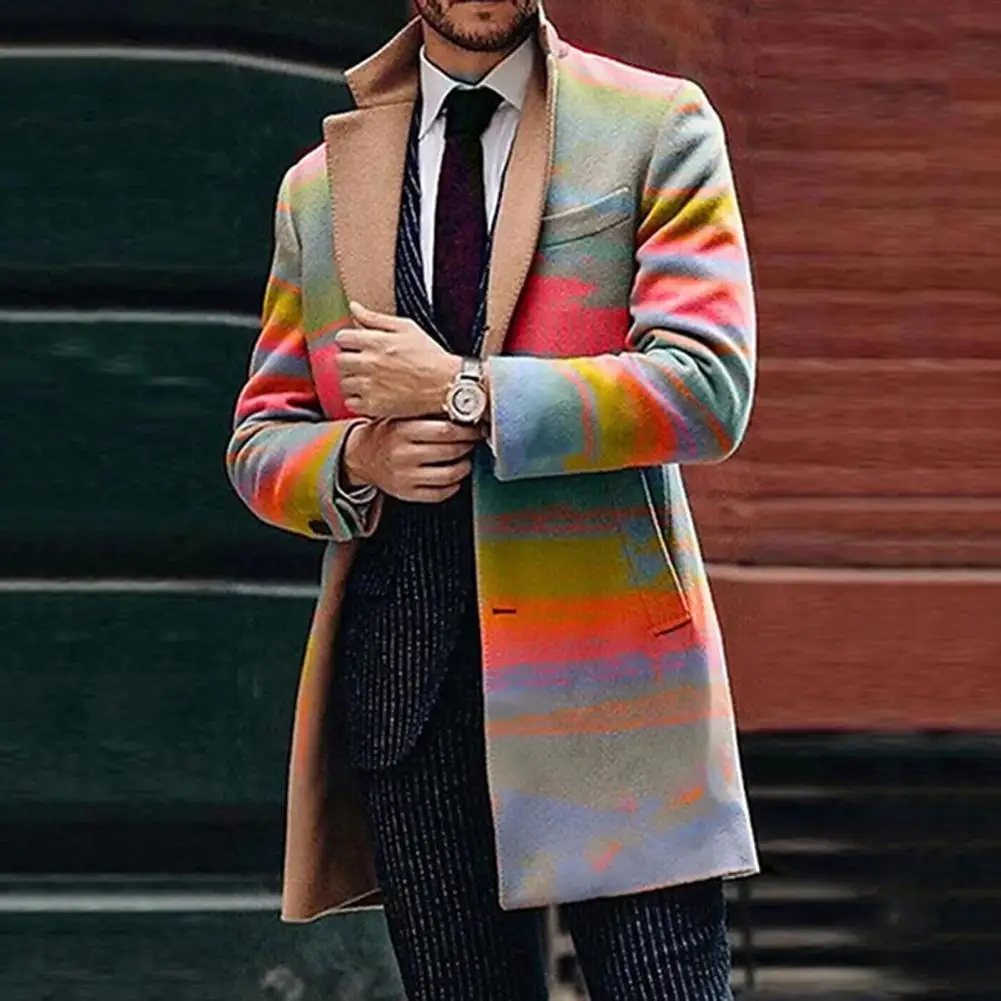 

Men Coat Plaid Print Lapel Trench Coat for Men Stylish Business Style Jacket with Long Sleeve Pockets Windproof Design for Fall