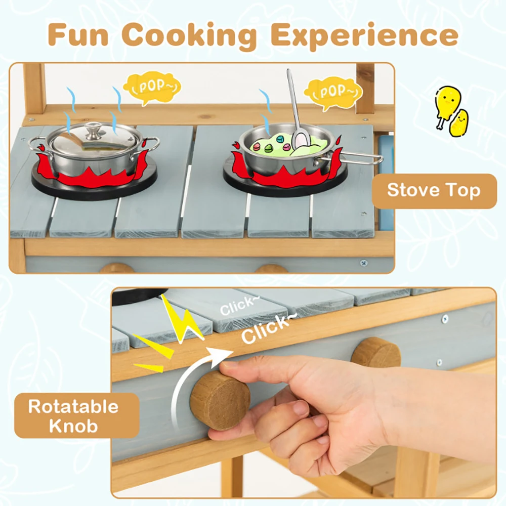 Wooden Kids Play Kitchen Outdoor Mud Kitchen with Removable Sink Water Box & Faucet Stove Top Storage Shelves for Boys Girls 3+