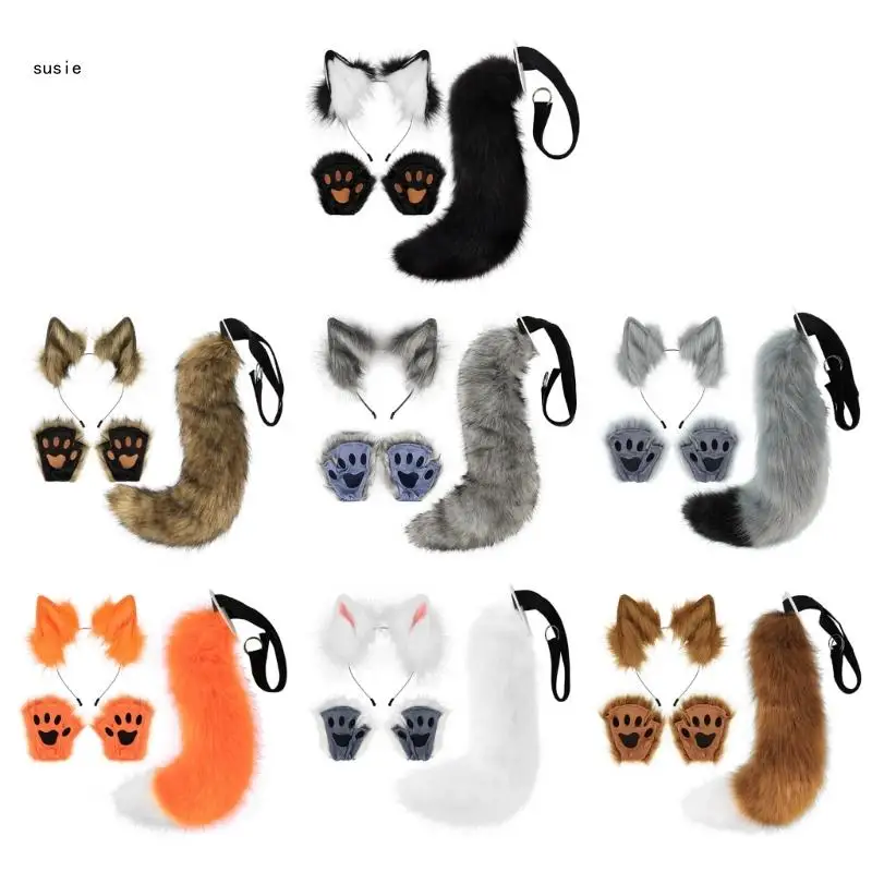 

X7YA Foxes-Cat Ears Headband Tail Gloves Halloween Cosplay-Prop Animal Costumes
