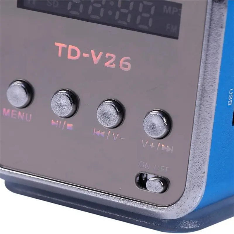 2X TD-V26 디지털 미니 FM 라디오 스피커 수신기(LCD 스테레오 스피커 지원 포함) 마이크로 TF 카드 Mp3 음악 플레이어 블루