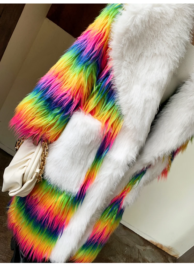 Rainbow Fur Suit Long Loose Lapel Faux Wool Coat Women's Clothing Free Shipping