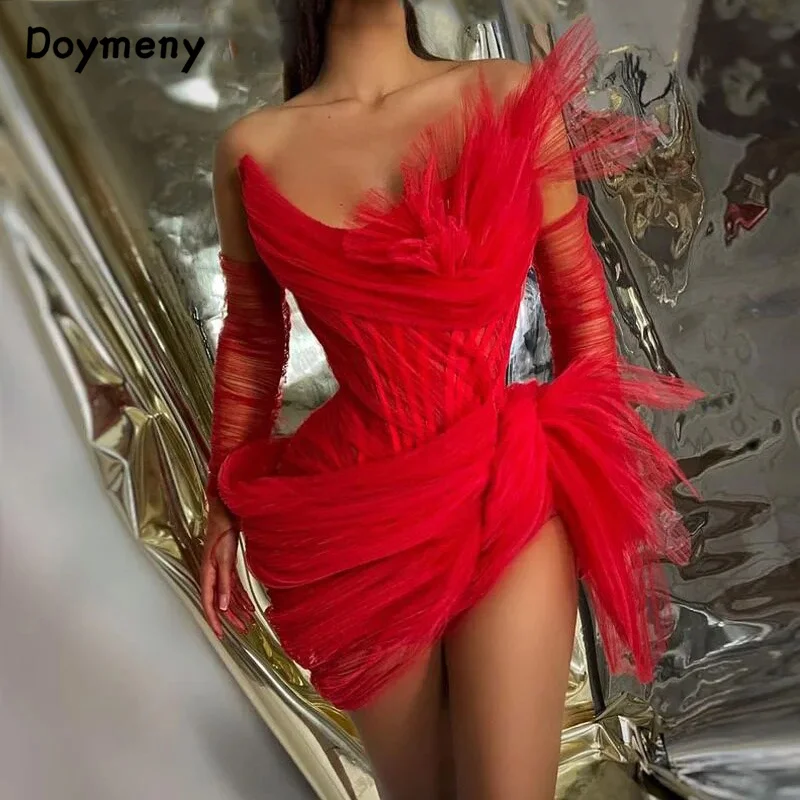 Doymeny 여성용 러플 칵테일 드레스, 분리형 장갑, 구김 스트랩리스 짧은 맥시 드레스, 생일 무도회 파티