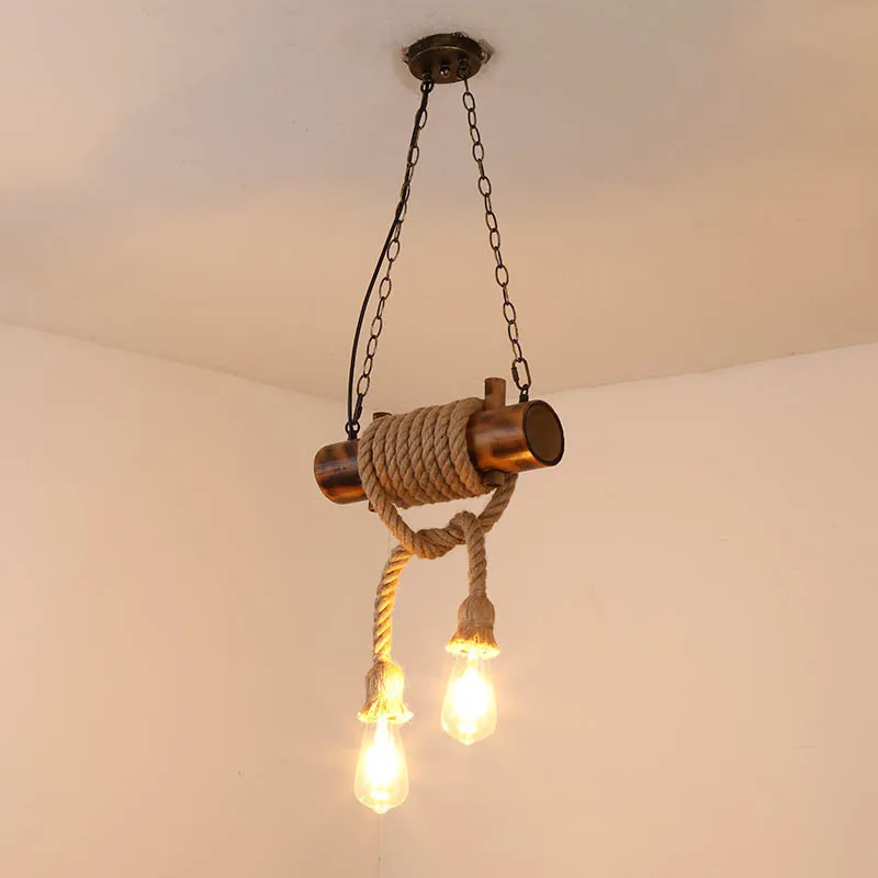 

Vintage sisal rope chandelier Café Pendant Lamp Retro Decoration Bamboo Light E27 Iron Chain Suspension Artworks Bedroom walkway