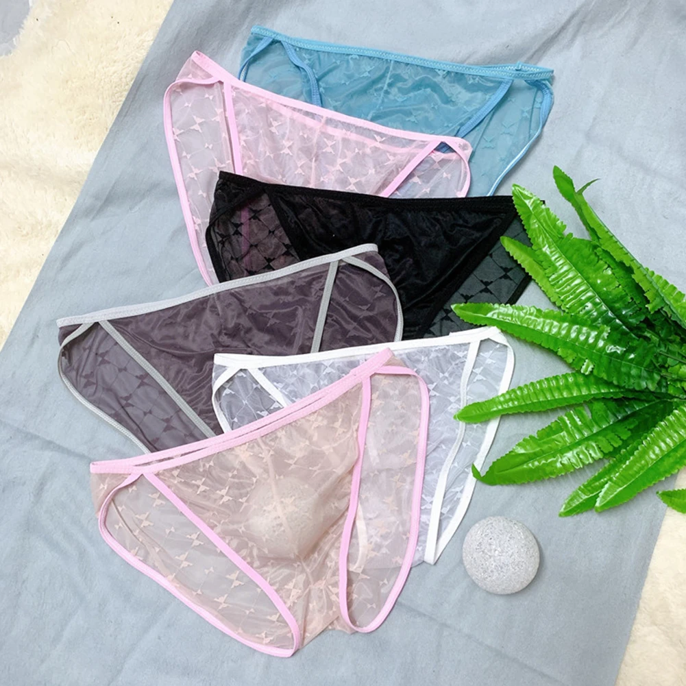 

Men Sexy Ice Silk Briefs See Through Sheer G String Thongs Male Pouch Underpants Perspective Bikini Stretch Underwear For Mens