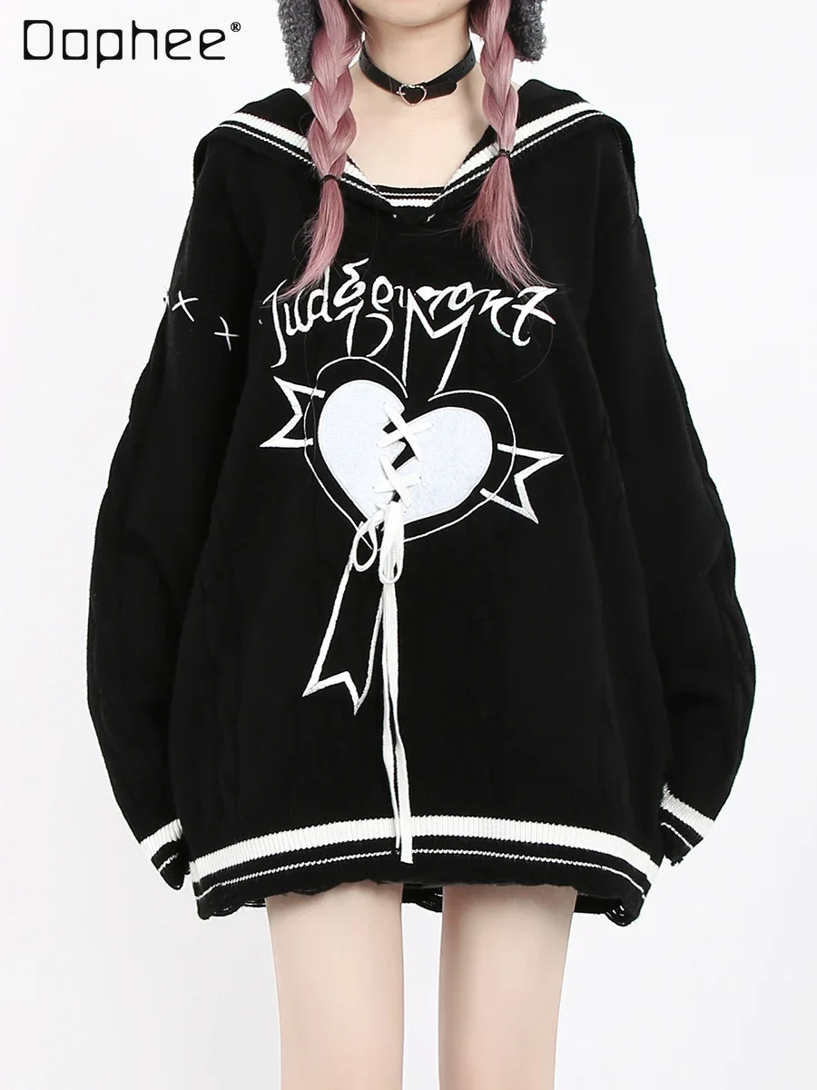 

Милый черный свитер средней длины с матросским воротником, новинка сезона осень-зима 2023, уличная одежда, Женская трикотажная одежда с вышивкой и длинным рукавом