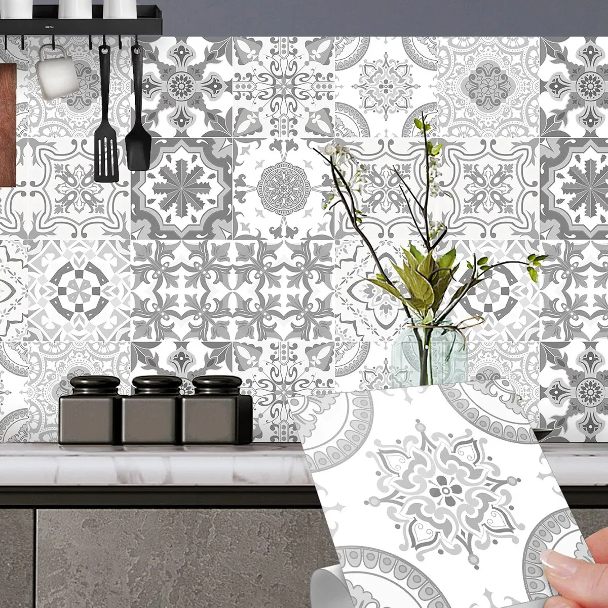 Gray Moroccan Wall Sticker Art Waterproof Vinyl Peel and Stick Tile Sticker Home Decor Kitchen Bathroom Decal 12PCS 15CM