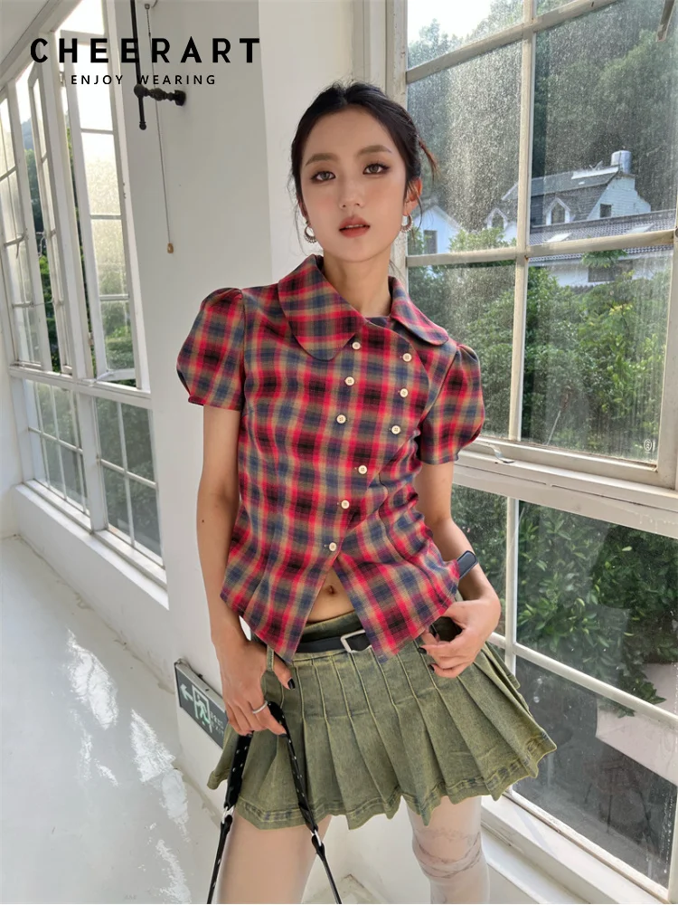 

CHEERART Vintage Plaid Buffalo Peter Pan Collar Puff Sleeve Button Up Shirt For Women 2023 Summer Top And Blouse French Style