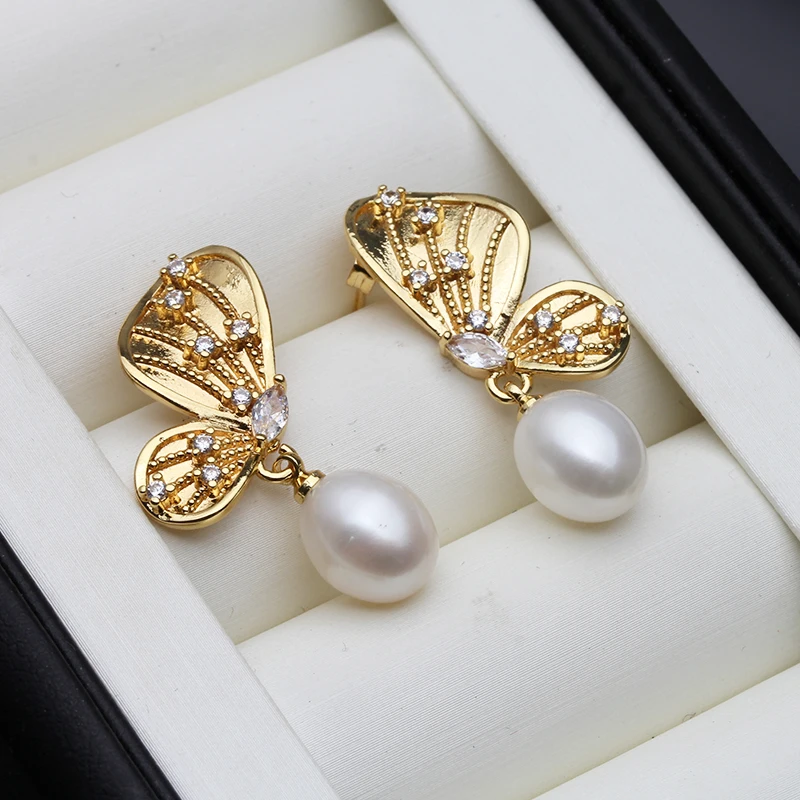 2023 Trendy Pearl Women's Earrings,Wedding Butterfly Natural Freshwater Pearl Earrings Engagement Gift White Black