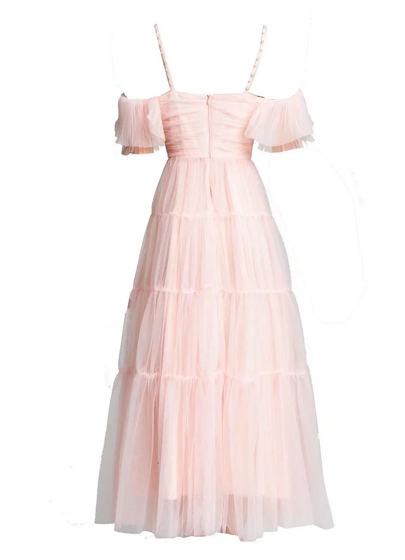 

Sexy Pink Purple Long Dress 2022 Summer Party Event Women Spaghetti Strap Beading Deco Ruffle Sexy Long Mesh Maxi Dress Festival