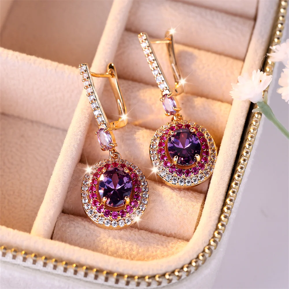 Purple Crystal Egg Shaped Stone Earring Rose Red Zircon Oval Hoop Earrings For Women Champagne Gold Color Wedding Bridal Jewelry
