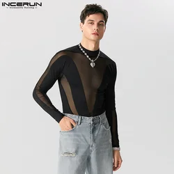 INCERUN 2023 Sexy Mens Fashion Homewear O-Neck Mesh Splice Bodysuits Casual Male Solid Long Sleeve Thin Triangle Jumpsuits S-5XL
