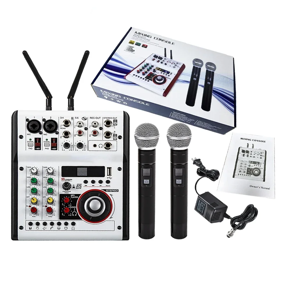 

6-канальный Dj-микшер, профессиональная консоль со встроенным 99 эффектом реверберации, миниатюрное смешивание звука с беспроводным микрофоном, цифровой аудиомикшер