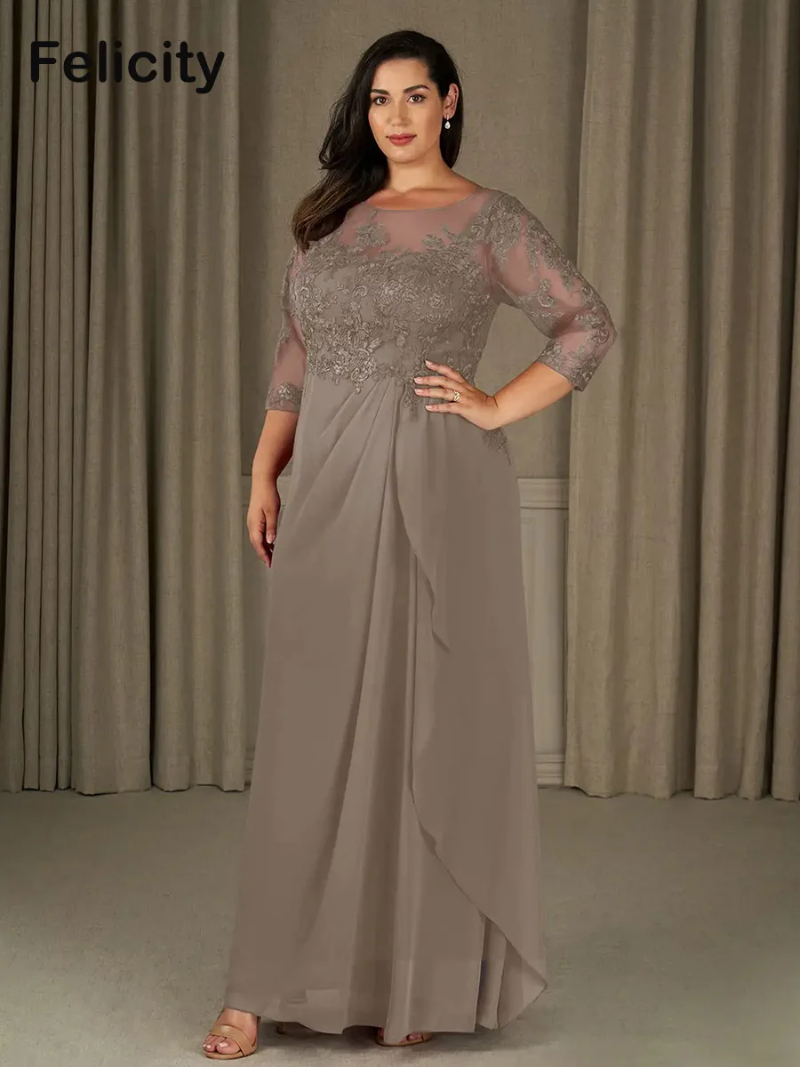 

Plus Size Mother of the Bride Dresses 2023 A-Line O-neck Floor-Length Lace Pleated Formal Wedding Guest Dresses Vestidos de Gala