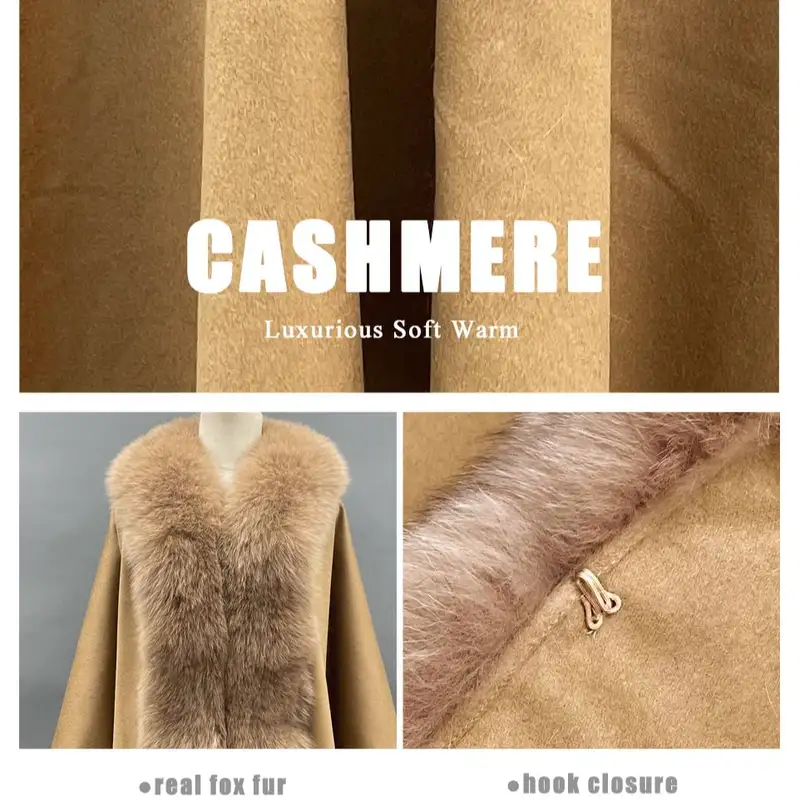 MISSJANEFUR Cashmere Poncho Shawl Women 2023 New Luxury Real Fox Fur Collar Cape Cloak Elegant Winter Coat - Image 6