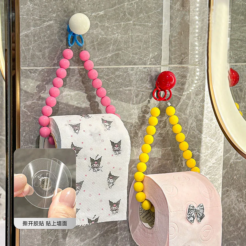 Dopamine Hanging Beaded Tissue Holder Non Punching Multifunctional Toilet Paper Roll Bracket Decoration Wall Mount