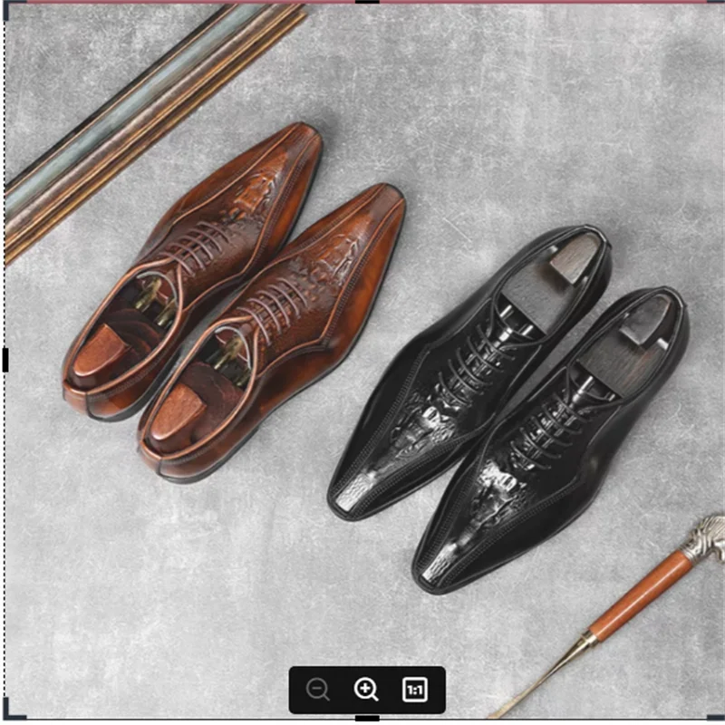 Shoe Guy. Leather dress shoes for men, crocodiles embossed, fashionable men, groom's style, large size
