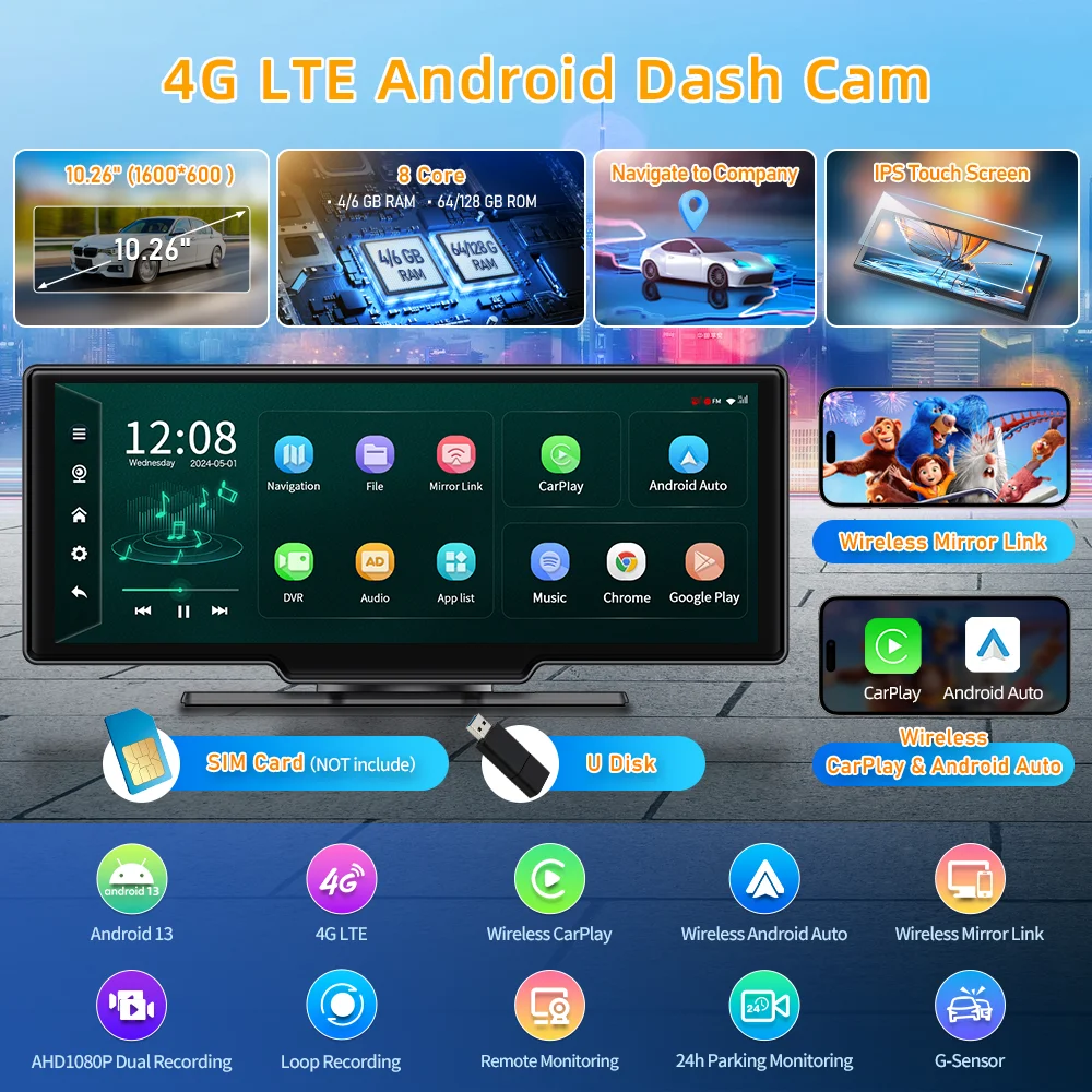 Imagebon M50 Pro 10.26'' 4G 안드로이드 13 자동차 DVR 6+128G 무선 CarPlay 안드로이드 자동 대시 캠 ADAS GPS 백미러 카메라
