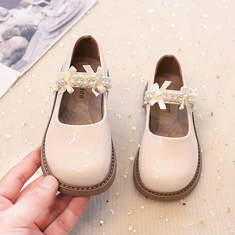 Leather Girls Mary Jane Flats with Beaded Bow for Autumn