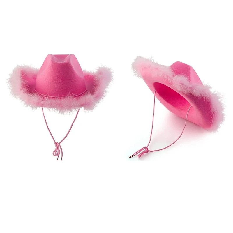 

Gorgeous Fluffy Feather Brim Cowboy Hat Wide Brim Pink Cowgirl Hat All-match for Mardi Gras Rave Playing Dress Up Dropship