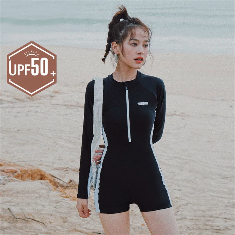 

Women New Long Sleeve Swimwear Female Zipper Surfing Swimming Suit Bodysuit Beach Swimwear Sport One Piece Boxer Swimsuit