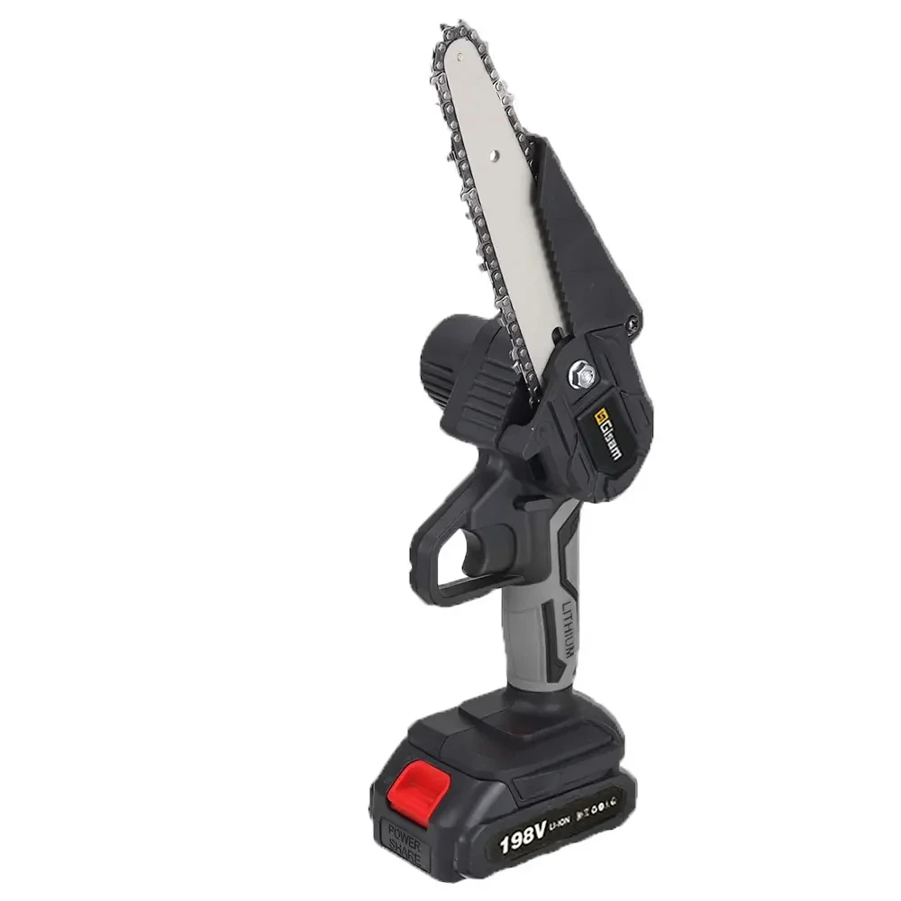 Cordless electric chainsaw with accessories neatly arranged on a surface