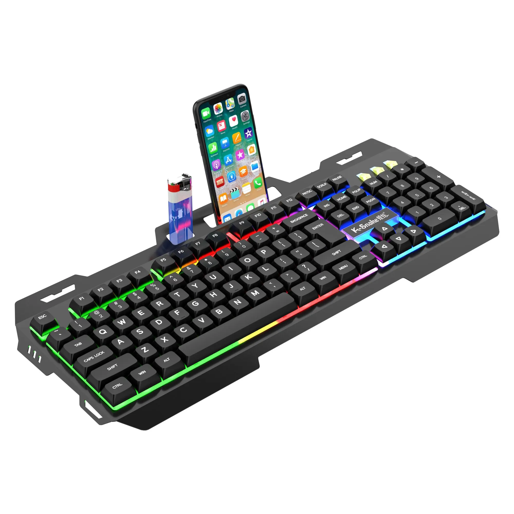 

Проводная игровая клавиатура с RGB-подсветкой, металлический держатель для телефона, 12 мультимедийных функций, для настольных ПК, геймеров