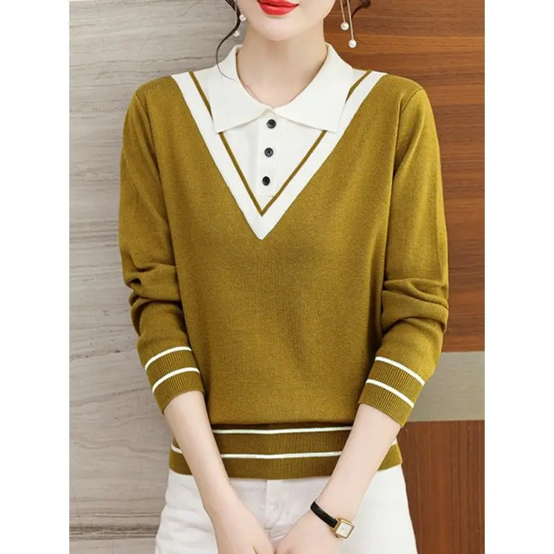

Spring and Autumn Women's Fashion Elegant Fake Two Piece Polo Neck Knit Loose Solid Color Pullover Casual Panel Sweater Tops