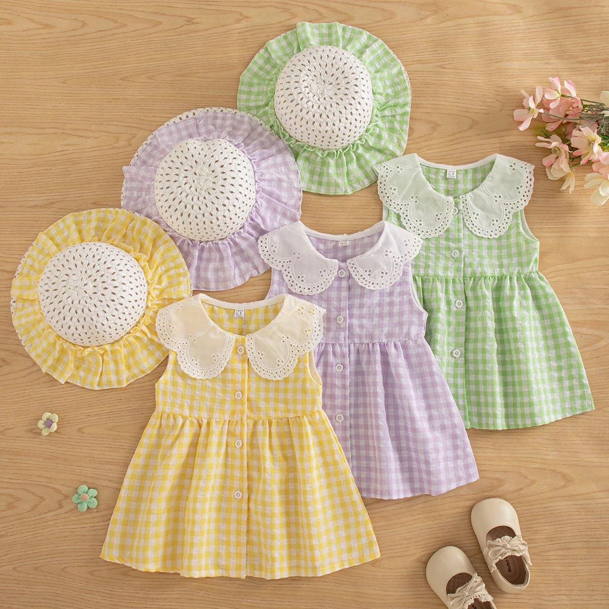 Sommerliches neues kariertes Babykleid im schlichten Stil mit Hut (6 Monate - 3 Jahre alt) – Detail 2