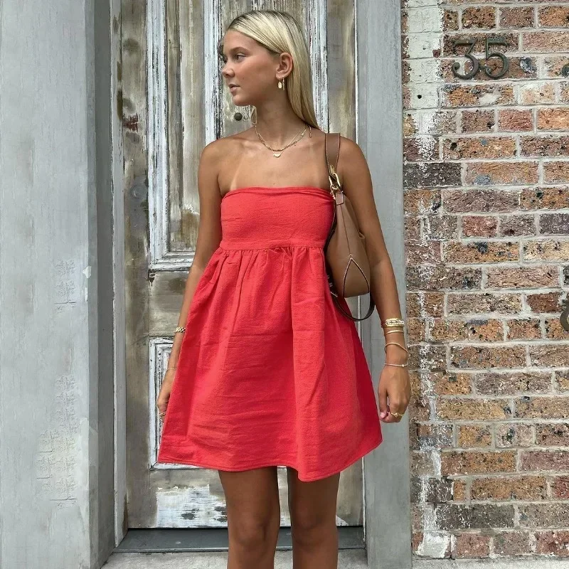 Elegant Solid Strapless Dress Women's Sleeveless Beach Vacation Short Dress Splice Off Shoulder Loose High Waist Clothing 3