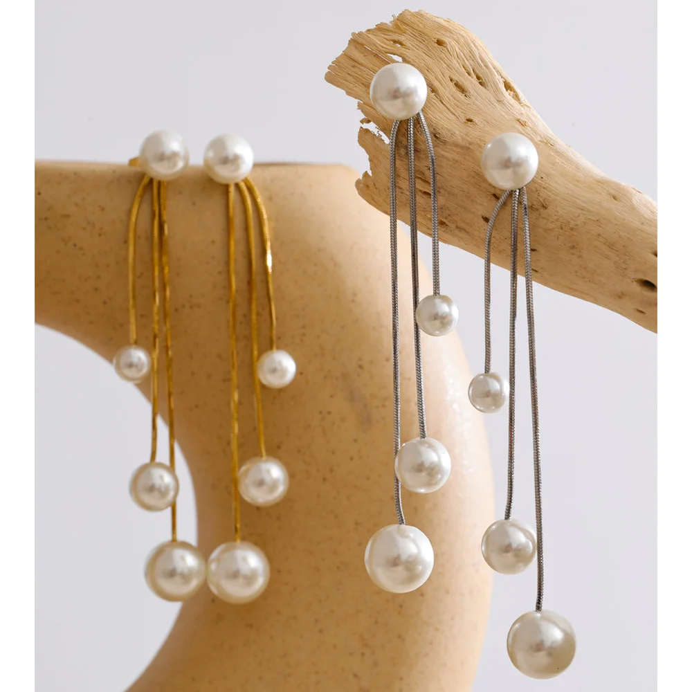 Yhpup Korean Simulated Pearls Long Hanging Drop Dangle Earrings