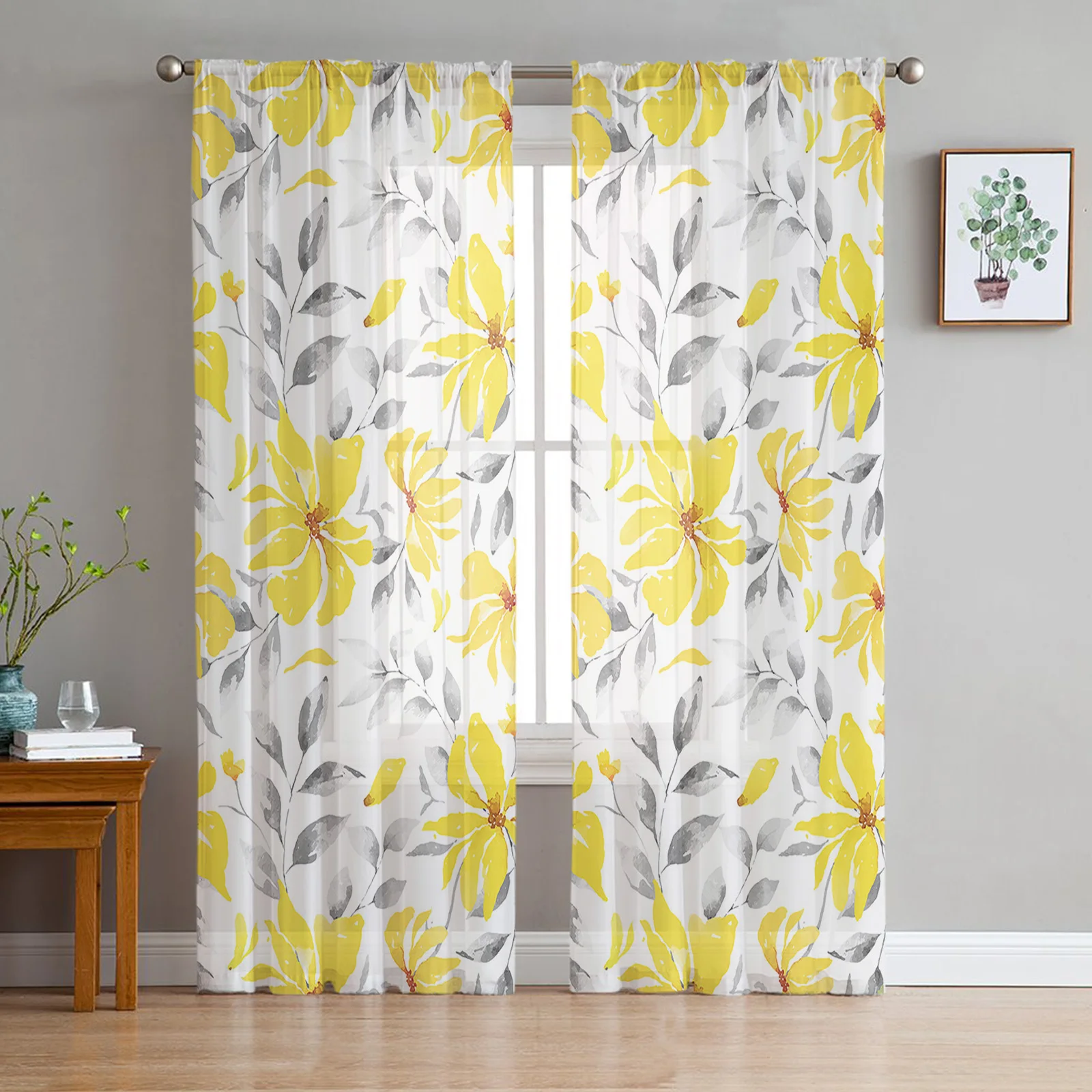 

Watercolor Yellow Flowers Abstract Sheer Voile Window Curtains Tulle Curtains Living Room Balcony Decoration Drapes