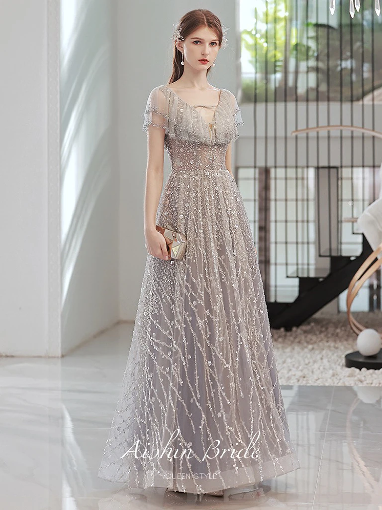 Gorgeous Light Gray Celebrity Beading Sequined V Neck Ruffle Flare Sleeve A Line Graduation Wedding Formal Gowns Luxury High-end