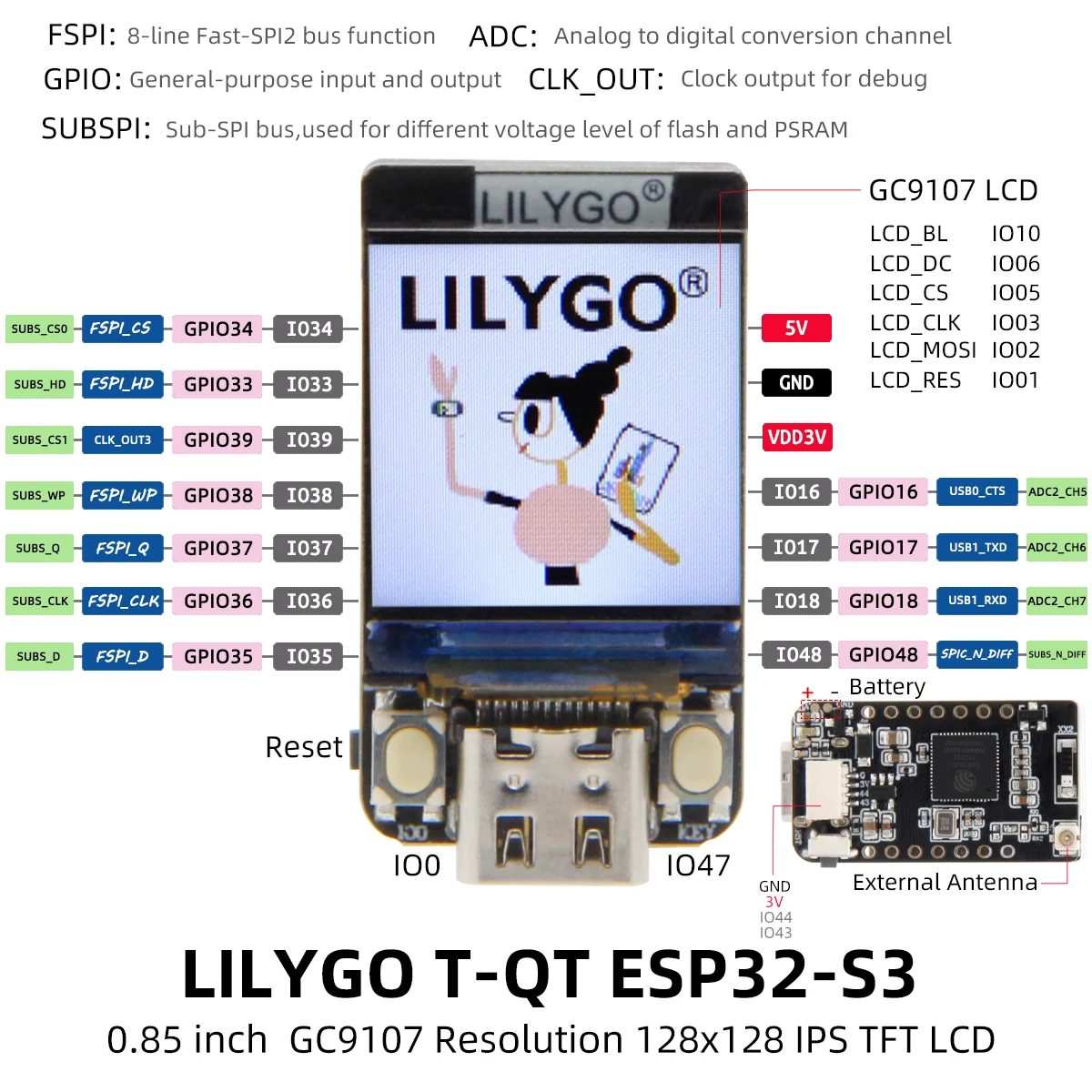 T-QT V1.1 Ǵ Pro ESP32-S3 GC9107 0.85 ġ LCD ÷    WIFI  Ǯ ÷ 128*128 ȭ