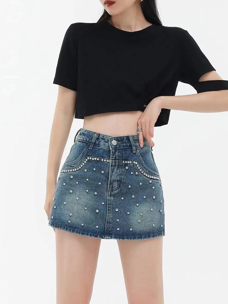 High Quality Chic Beading Shorts Skirts Hot Girls 2023 Summer New Vintage Sexy Zipper Pocket Denim Short Skirts Blue Jean Skirt