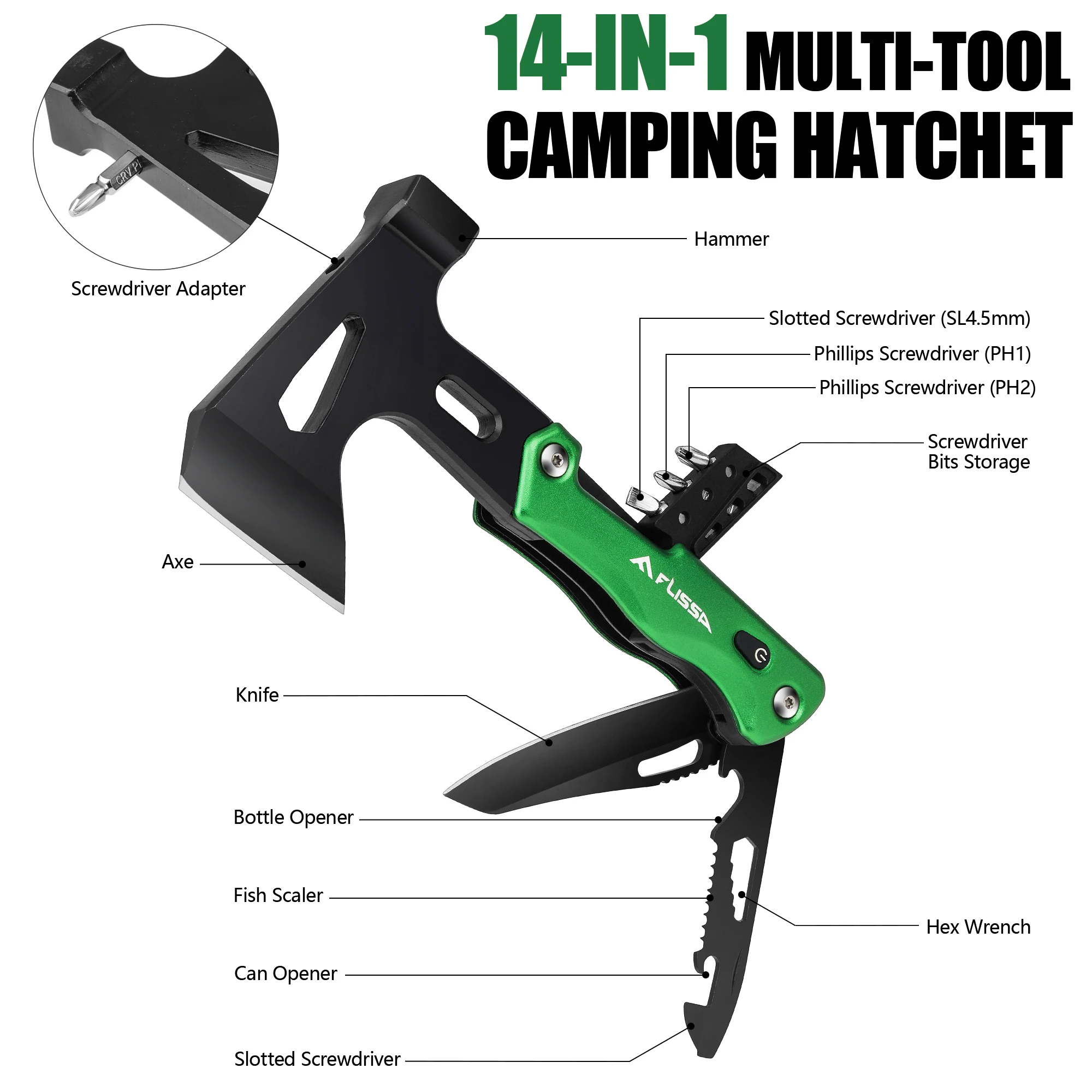 FLISSA 14 in 1 Multitool Camping Hatchet with Sheath Multifunctional Ax with LED Light Camping Woodworking Outdoor Survival Tool 2