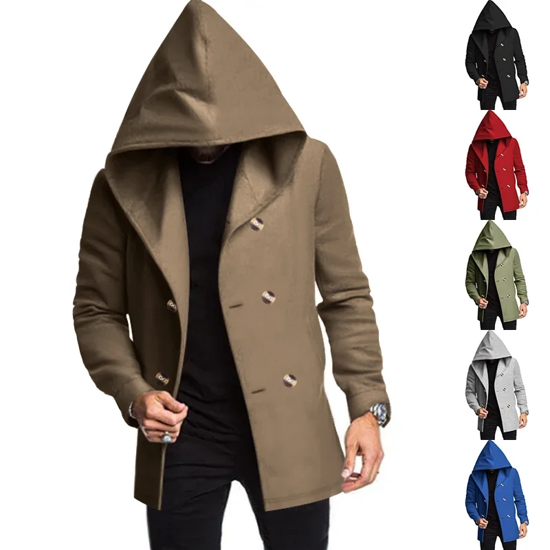 Men's Windbreaker Spring and Autum Double Row Solid Color Casual Men's Mid-Length Outwear Jacket