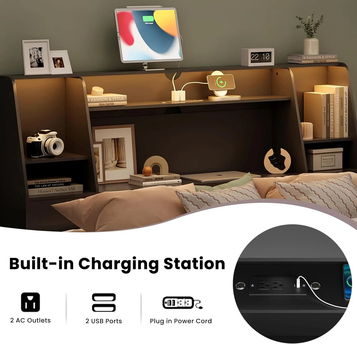 Queen/Full Headboard Onlyd with Charging Station & 2 LED Lights, Stylish Noise-Free with Ample Storage