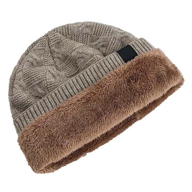 New Style Unisex F Letter Keep Warm Winter Hats Plush Fur Lined Knit Cap For Men Women Warm Beanie Cap Label Decor Knitted Hats