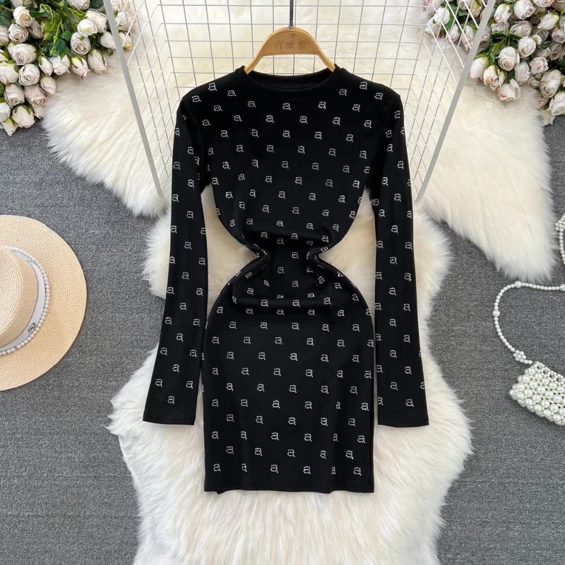 

2023 Women's Dress Spring Autumn Black O-Neck Fashion Diamonds Long Sleeve Mini Dresses Office Lady Wear for 18-24Y