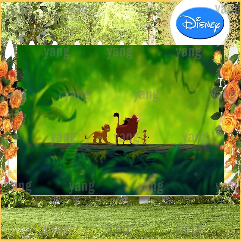 Cartoon Disney Lion King Simba Cute Timon Pumbaa Green Jungle Sfondo Personalizzato Festa Di Compleanno Decorazione Fotografia Sfondo