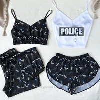 4-pcs Set Sleepwear Women Satin Silk Pajamas Set Summer V-neck Strap Nightwear Pijama Homewear Fox Animal Flower Print Clothes - Image 5