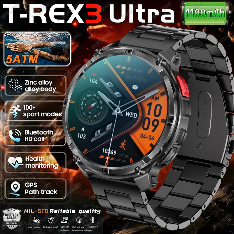2026 New T-Rex 3 Ultra 1100mAh Smart Watch 5ATM Waterproof Outdoor Sports GPS Track Heart Rate Compass Bluetooth Call Smartwatch 1
