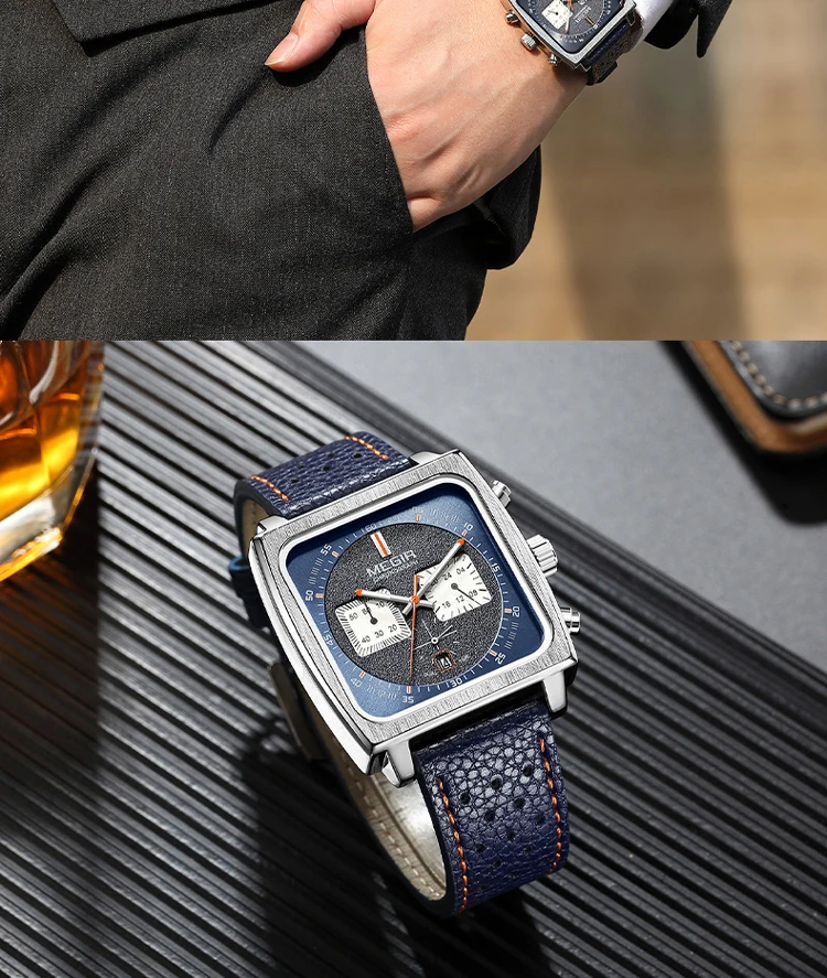 MEGIR Square Dial Chronograph Quartz Watches for Men Fashion Blue Leather Strap Casual Sport Wristwatch with Date 24-hour 2182