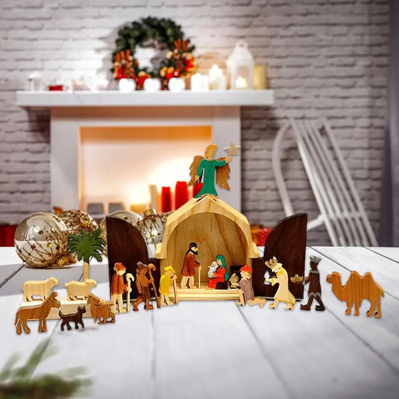 

Christmas Decorative Jesus Nativity Wooden Figure Nativity Scene Backdrop Wood Nativity Figures Exquisite Christmas Table Decor