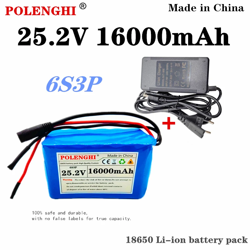 

POLENGHI 100% High Quality 6s3p 24V 18650 Lithium Ion Battery Pack 25.2V 16000mAh Electric Bicycle, Light Motorcycle+2A Charger