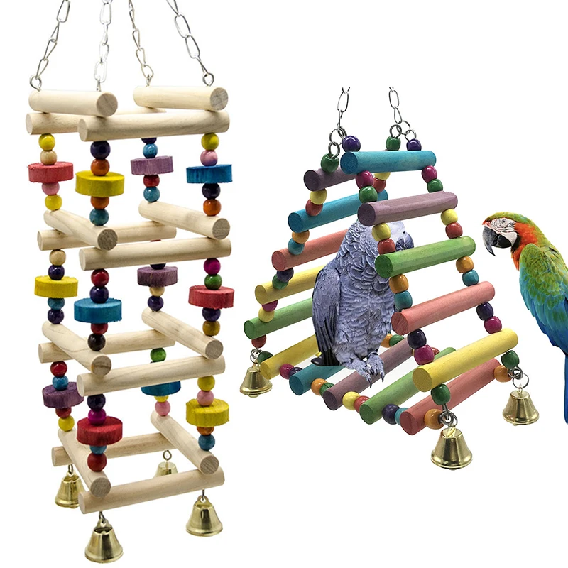 

Parrots Toys Bird Swing Exercise Climbing Hanging Ladder Bridge Wooden Rainbow Pet Parrot Macaw Hammock Bird Toy With Bells