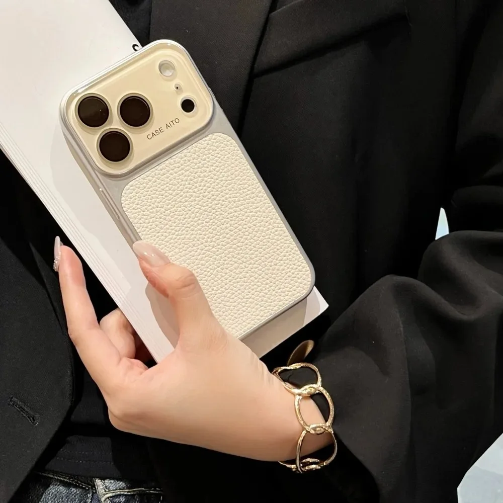 Luxury PU Leather Phone Case with Creative Color Block Design and Large Window Lens Protection