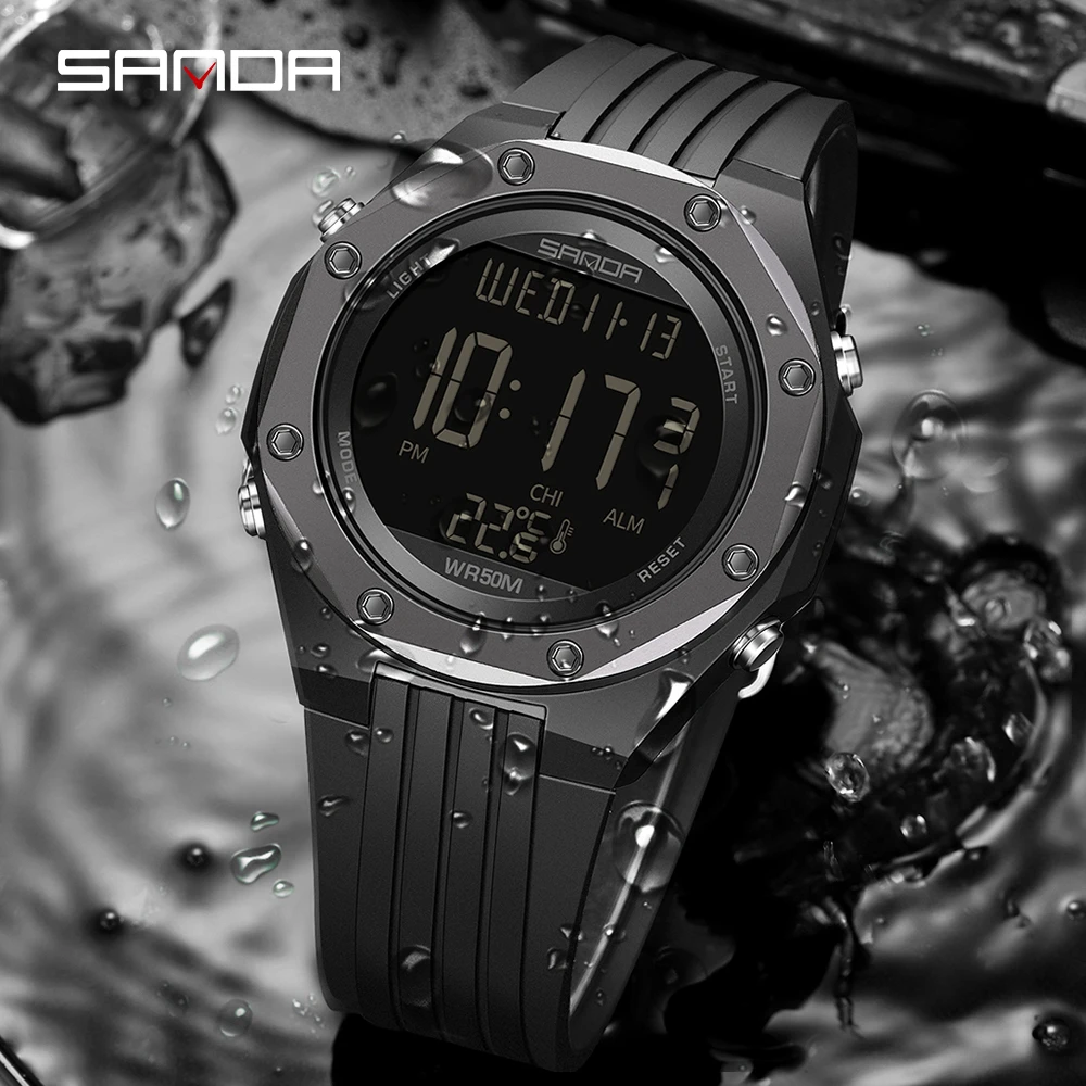 SANDA NEW Fashion Military Men's Watches Body Temperature Monitor 50M Waterproof Sports Watch LED Electronic Wristwatches  6028